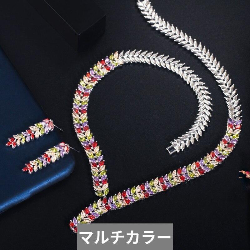 ピアス ネックレス ジルコニア マルチカラー 揺れる ブライダル レース レディース 女性 ダングル ドロップ 葉 形 キュービック_6