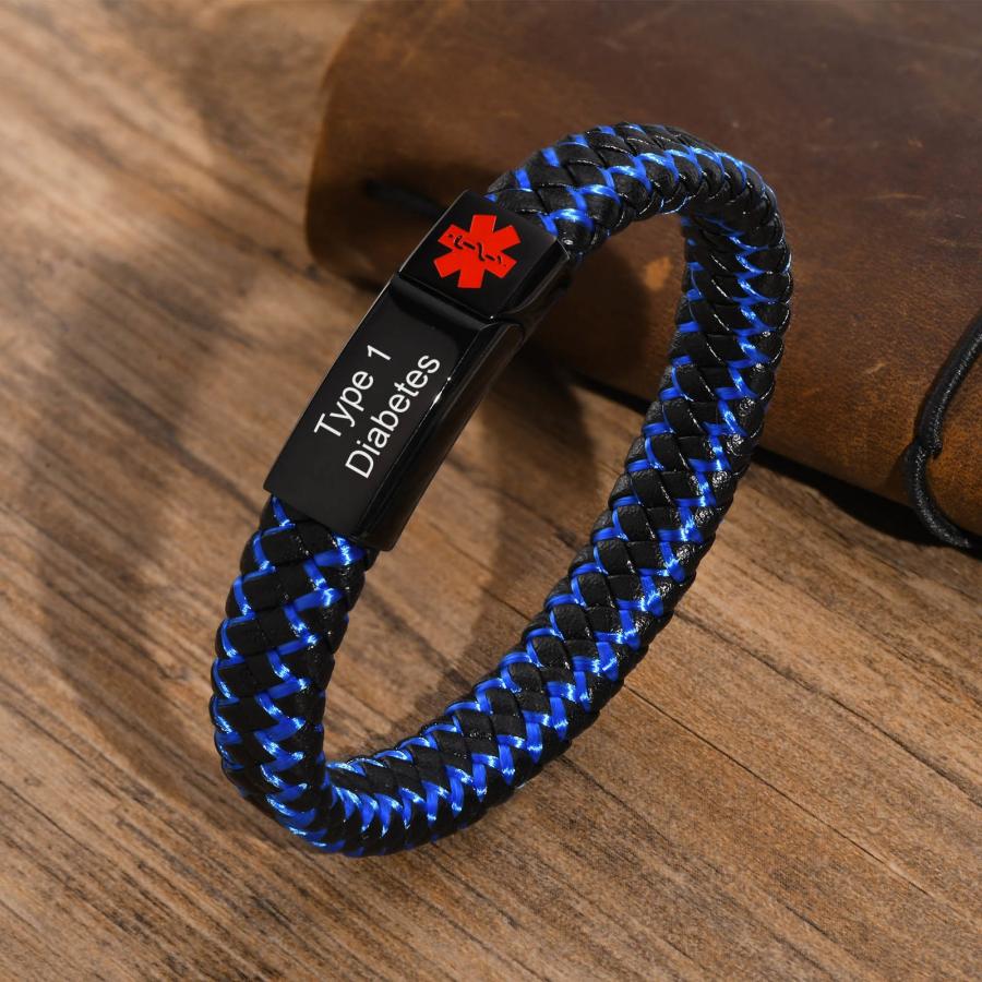 ブレスレット 青 ブルー メディカルアラート レザー ステンレス 健康