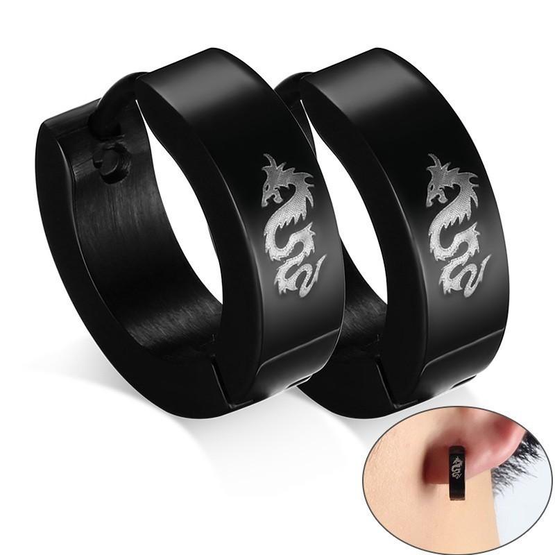 ピアス メンズ 黒 ブラック クロス ドラゴン ステンレス フープ おしゃれ オーバーのアイテム取扱
