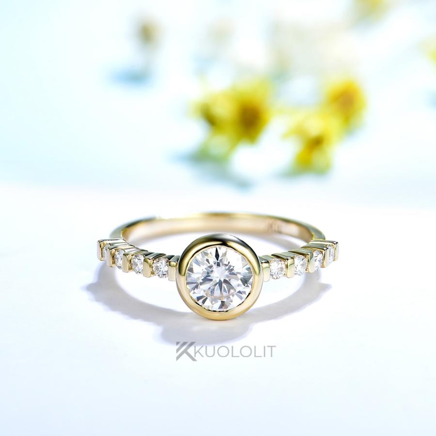 指輪 リング 黄 イエロー ゴールド ラウンド レディース 女性 0.8CT モイサナイト ソリッド 18K 14K ベゼル セット_1