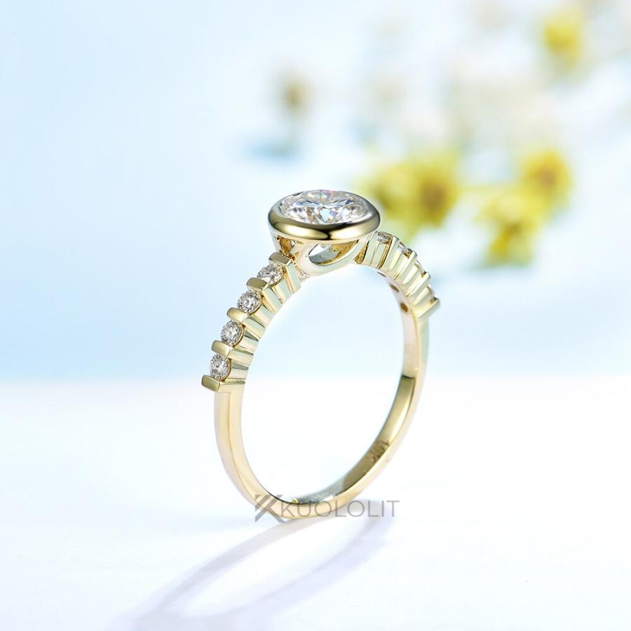 指輪 リング 黄 イエロー ゴールド ラウンド レディース 女性 0.8CT モイサナイト ソリッド 18K 14K ベゼル セット_3
