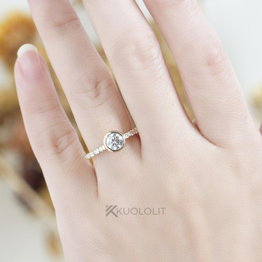 指輪 リング 黄 イエロー ゴールド ラウンド レディース 女性 0.8CT モイサナイト ソリッド 18K 14K ベゼル セット_5