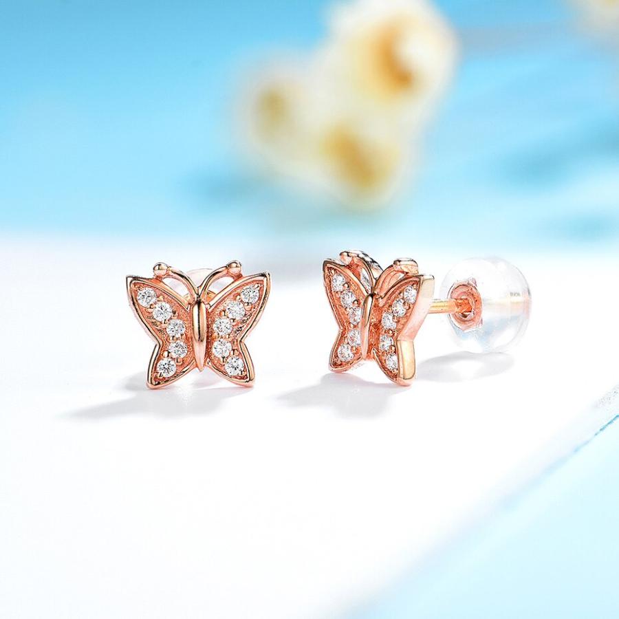ピアス 蝶 バタフライ ダイヤモンド インセクト ゴールド ストーン 昆虫 レディース 女性 ナチュラル 585 14K 10K ローズ_1