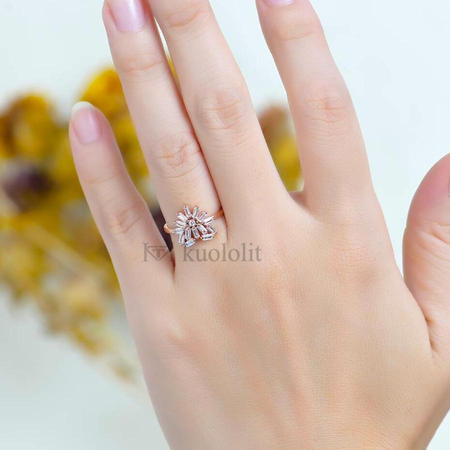 指輪 リング スノーフレーク ゴールド レディース 女性 ソリッド 18K 14K 10K ローズ バゲット モイサナイト ソリティアの画像