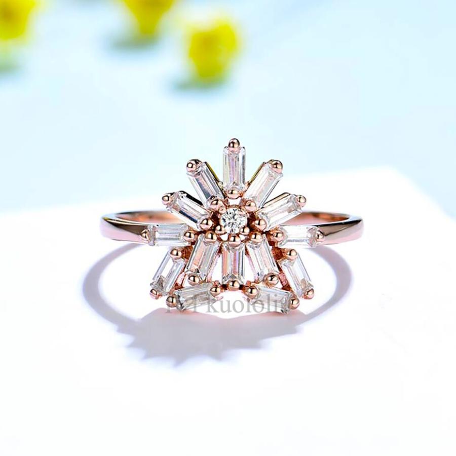 指輪 リング スノーフレーク ゴールド レディース 女性 ソリッド 18K 14K 10K ローズ バゲット モイサナイト ソリティアの画像