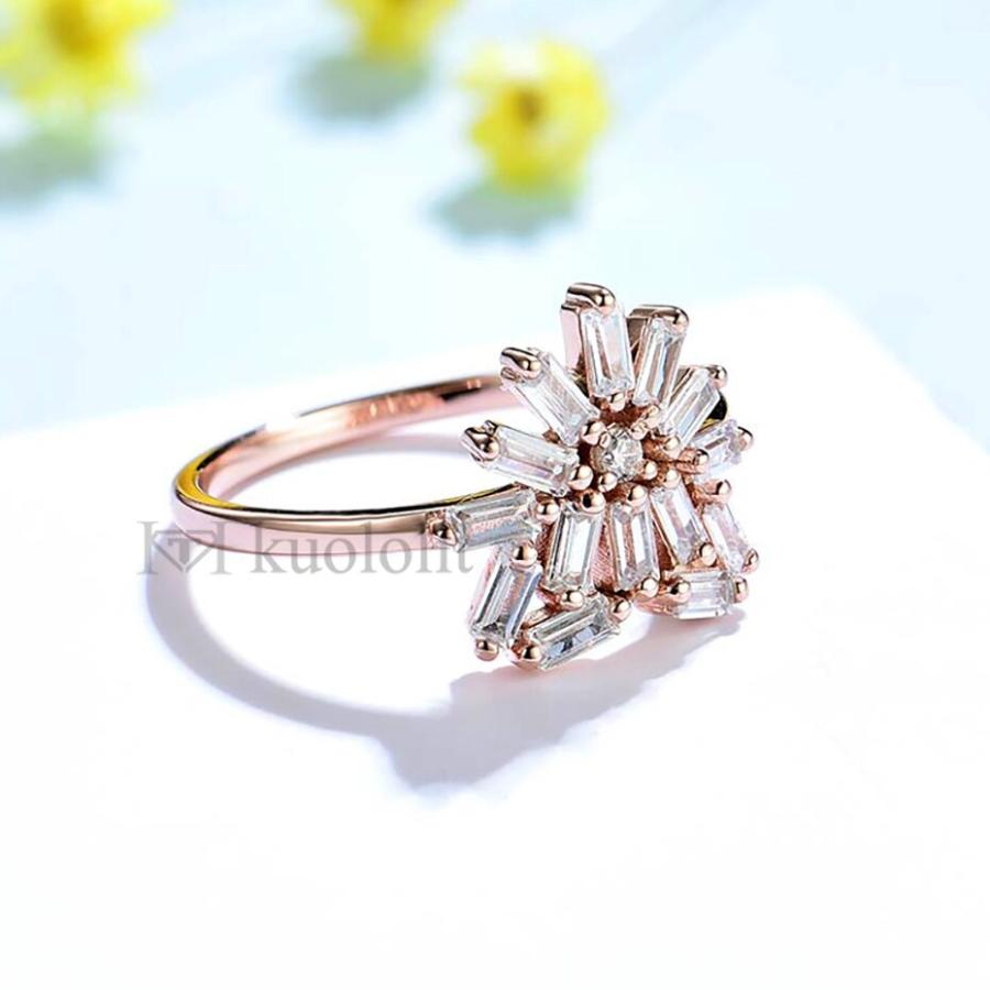 指輪 リング スノーフレーク ゴールド レディース 女性 ソリッド 18K 14K 10K ローズ バゲット モイサナイト ソリティアの画像