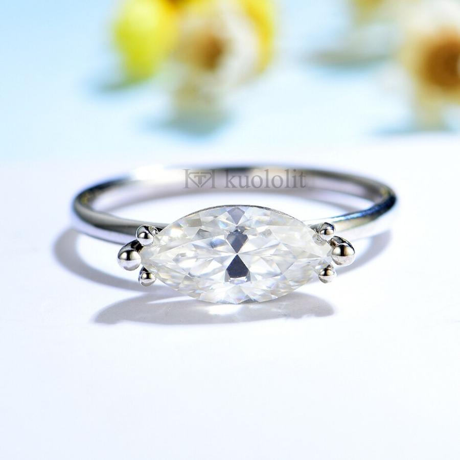 指輪 リング 白 ホワイト ゴールド レディース 女性 585 14K 10K マーキス 2CT モイサナイト ソリティア 婚約 結婚式の画像