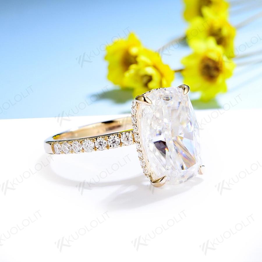 指輪 リング 黄 イエロー ゴールド レディース 女性 4.5CT 細長い クッション カット モイサナイト 14K 10K 明るいの画像