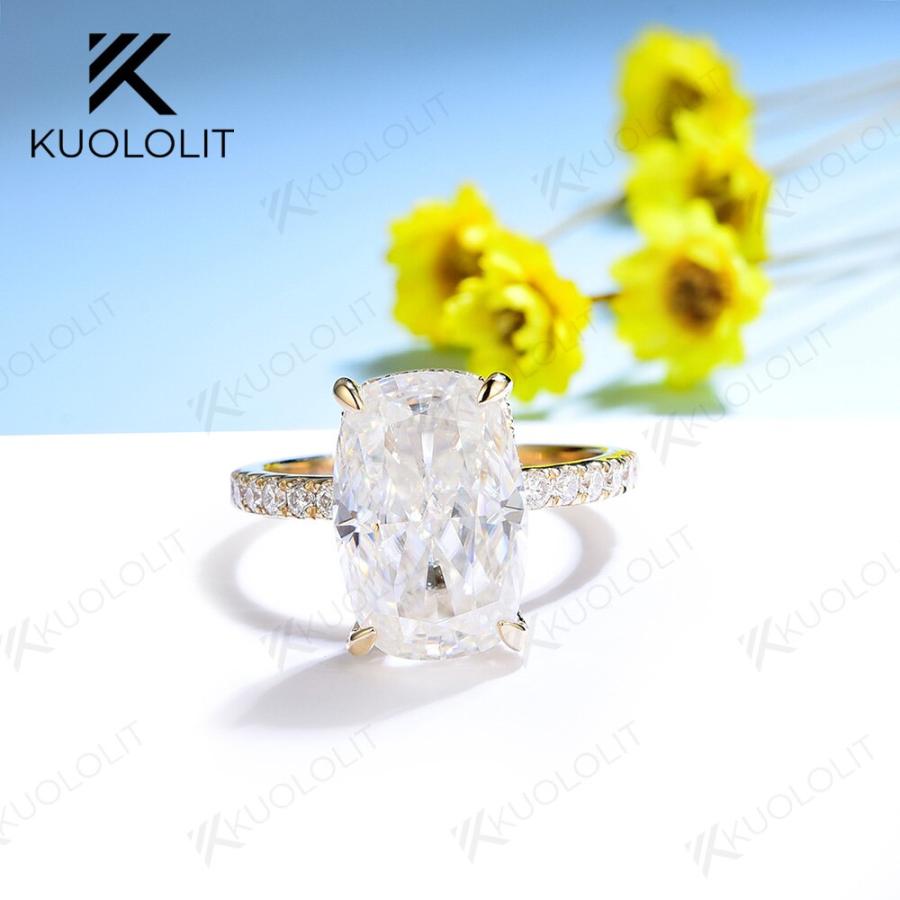 指輪 リング 黄 イエロー ゴールド レディース 女性 4.5CT 細長い クッション カット モイサナイト 14K 10K 明るいの画像