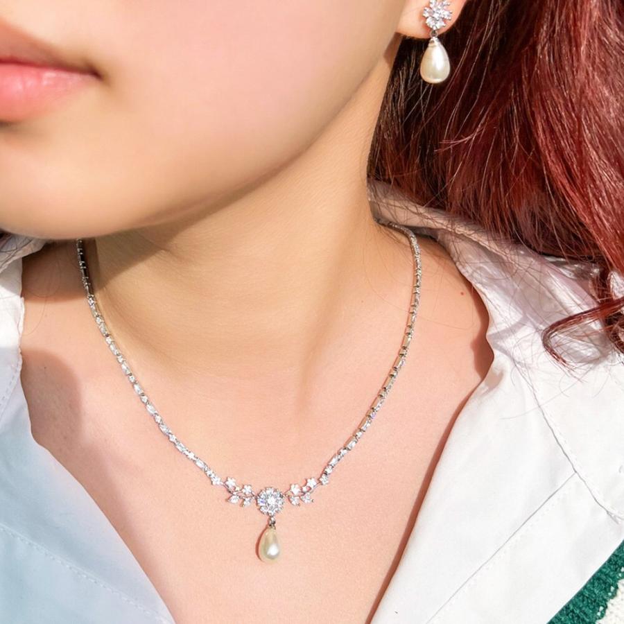 ペンダント ピアス ネックレス 花 フラワー ジルコニア ドロップ ピック パール レディース 真珠 女性 エレガント シャイニー