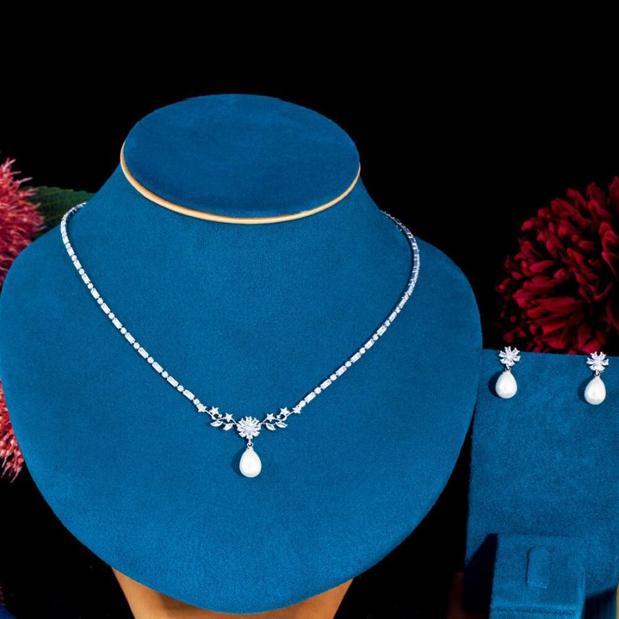 ペンダント ピアス ネックレス 花 フラワー ジルコニア ドロップ ピック パール レディース 真珠 女性 エレガント シャイニー