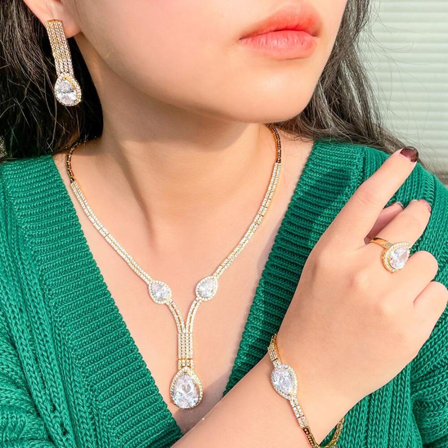ペンダント ピアス ネックレス アフリカ ゴールド ストーン ロング レディース 女性 贅沢 アフリカン カラー 4個 フル パヴェ CZ_1