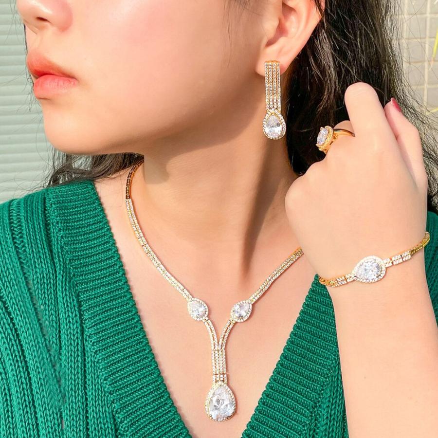 ペンダント ピアス ネックレス アフリカ ゴールド ストーン ロング レディース 女性 贅沢 アフリカン カラー 4個 フル パヴェ CZ_2