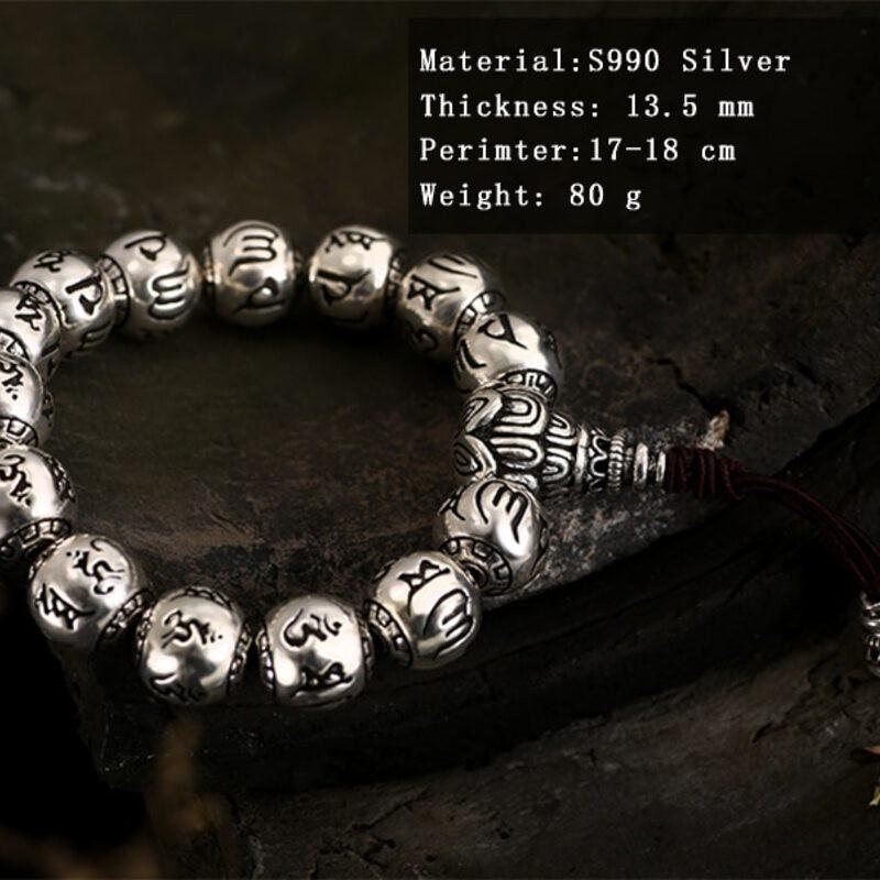 ブレスレット スターリング シルバー 925 チェーン ラウンド ロープ ごつい ビーズ 仏教 刻印 チベット 祈り マントラ ハムの画像