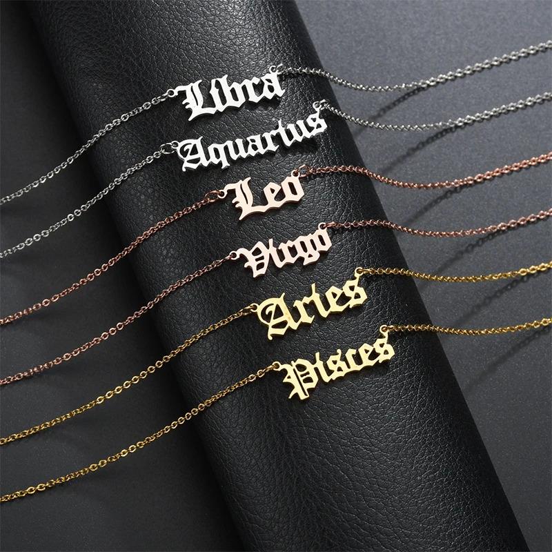 ネックレス ステンレス イギリス レディース メンズ 10 個 スチール カスタム 12 星座 干支 イングリッシュ 英国 レター