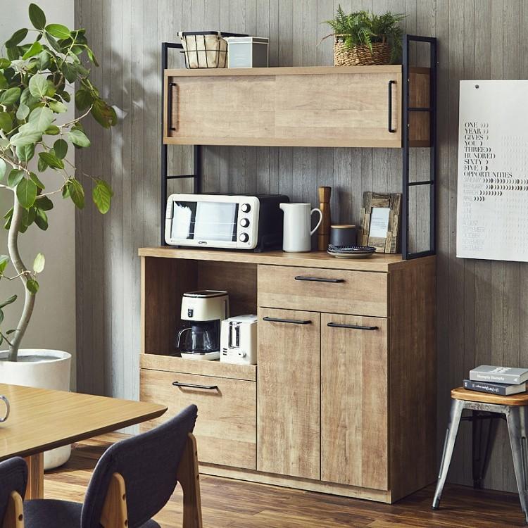 食器棚 上部引戸タイプ 幅120cm レンジ台 アンティーク風 古木柄