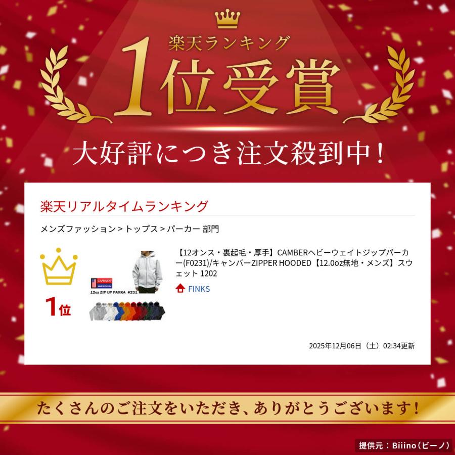 【12オンス・裏起毛・厚手】CAMBERヘビーウェイトジップパーカー(F0231)/キャンバーZIPPER HOODED【12.0oz無地・メンズ】スウェット |  | 01