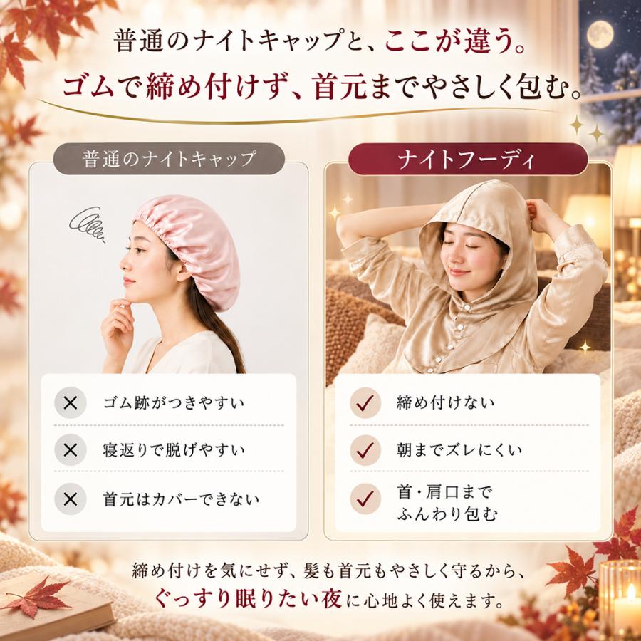 ナイトキャップ シルク ヘアキャップ フード 寝ぐせ防止 枝毛 抜け毛 筒型 ダメージ くせ毛 うねり ロング ショート フーディ フリーサイズ 就寝用 敬老の日 |  | 08