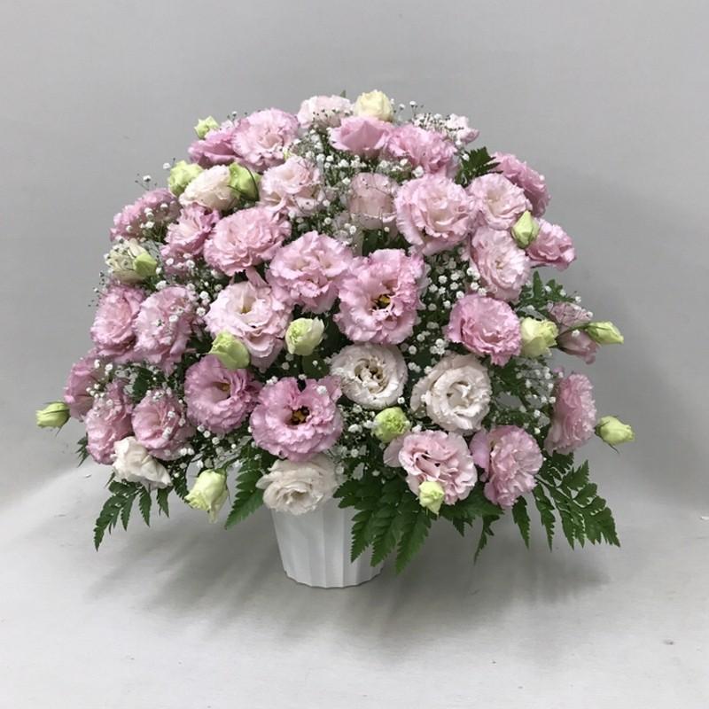 お供え お悔やみ お盆 法要 一周忌 四十九日 供花 即日 送料無料 アレンジメント ピンク 東京発 日本橋 デザイン トルコキキョウ カスミ アレンジ（H50）の画像