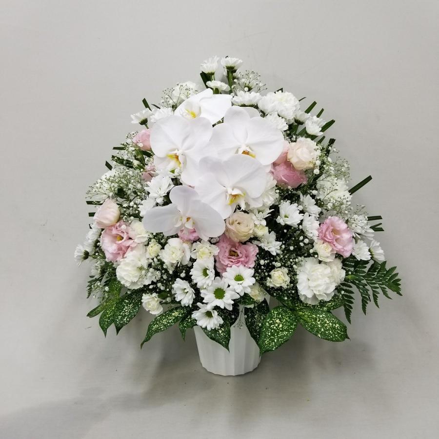 お供え お悔やみ お盆 法要 一周忌 四十九日 供花 即日 送料無料 アレンジメント 白 ピンク 東京発 日本橋 デザイン 胡蝶蘭 カーネーション アレンジ(H60)の画像