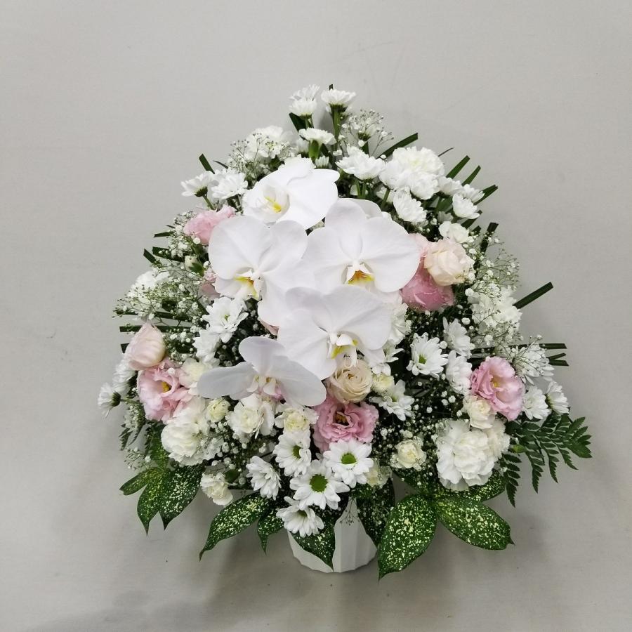 お供え お悔やみ お盆 法要 一周忌 四十九日 供花 即日 送料無料 アレンジメント 白 ピンク 東京発 日本橋 デザイン 胡蝶蘭 カーネーション アレンジ(H60)の画像