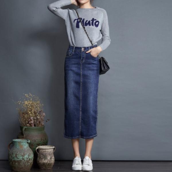 デニムスカート 夏 ロング 膝丈 ストレッチ コーデ オールシーズン  