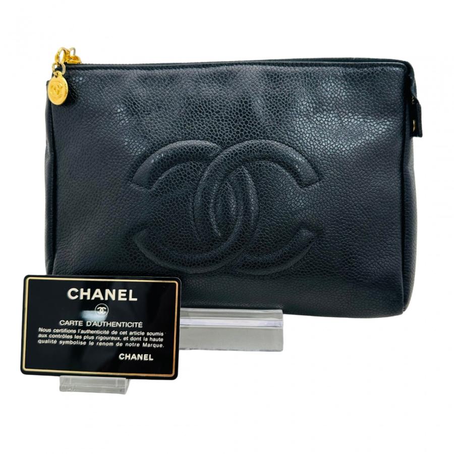 【美品】シャネル キャビアスキン ポーチ ココマーク ゴールド金具 黒 レザー CHANEL（シャネル） 【中古】シャネル ポーチ キャビアスキン ココ