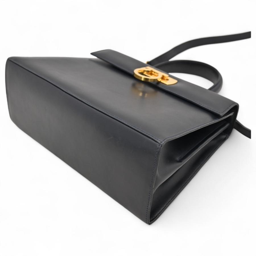 フェラガモ ガンチーニ 2WAYハンドバッグ ネイビー×ゴールド B