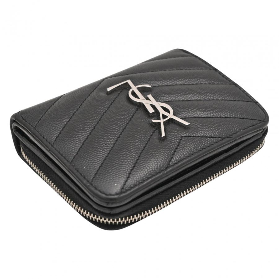 中古】サンローラン Vステッチ YSLロゴ 二つ折り財布 レザー Bランク