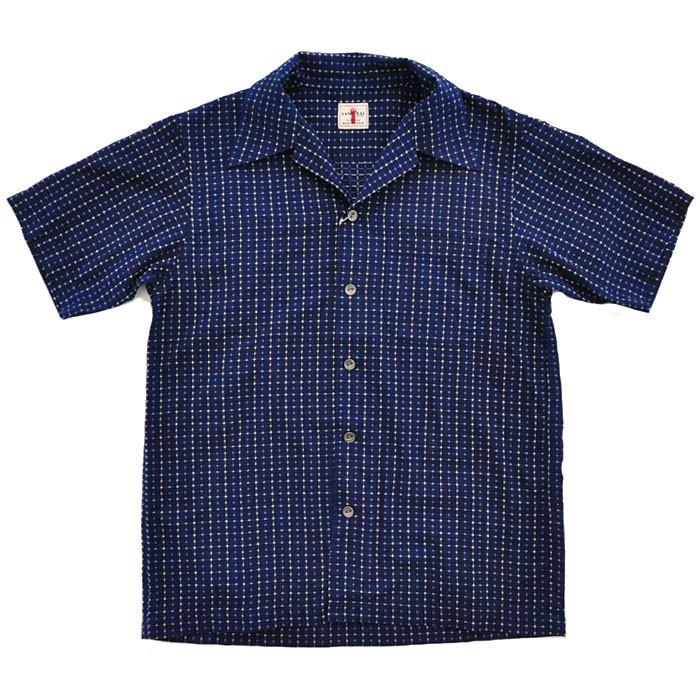 美品サムライジーンズ デニムシャツ 半袖 ウエスタンアメカジ 日本製 インディゴ サムライジーンズ SAMURAI JEANS シャツ 刺し子オープンカラーシャツ