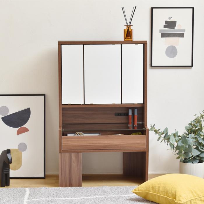 完成品 ドレッサー 三面鏡　天然木　ドレッサー　オーク　レトロ　板ガラス　コンセント付き　高級家具 組立不要 鏡 化粧台 収納 おしゃれ 天然木 白 ドレッサー・鏡台