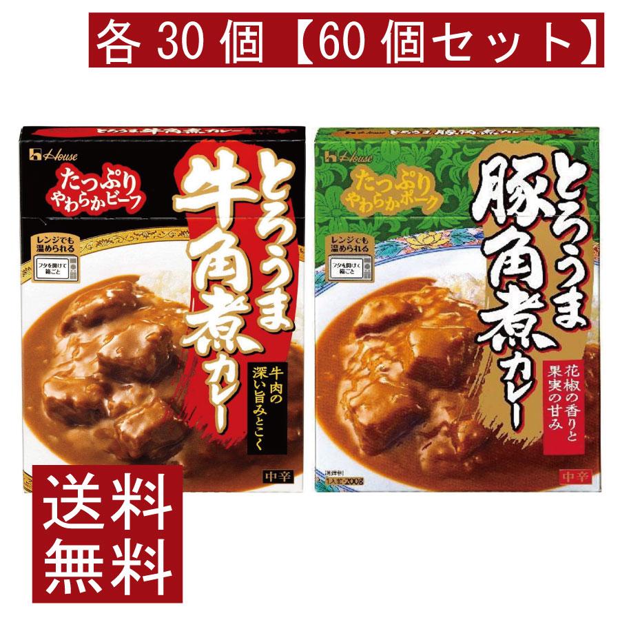 送料無料 ハウス食品 とろうま 牛角煮カレー 豚角煮カレー 中辛 各30個 【60個セット】 | ハウス食品