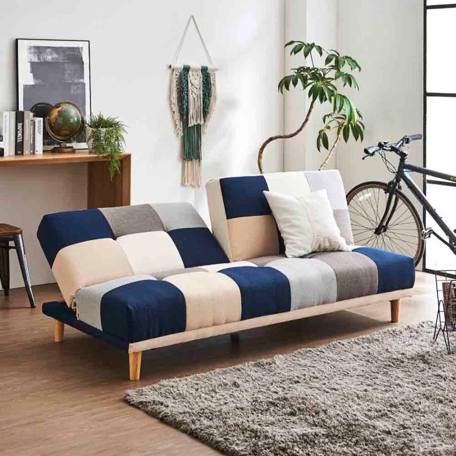 後藤家具物産 2WAYソファーベッド SO-32-BL パッチワーク 背もたれ2WAY リクライニング ロータイプ可能 ブルー_2
