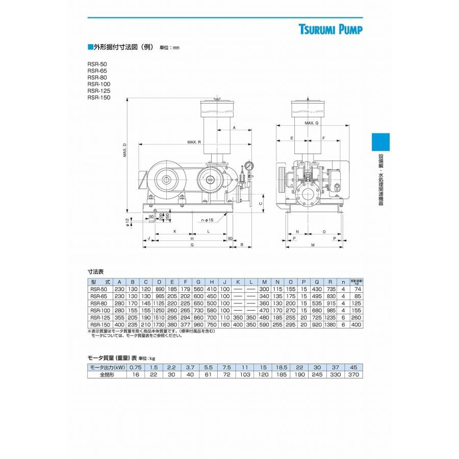 鶴見製作所(ツルミポンプ) 曝気用 ルーツブロワ RSR-80 三相200V 50Hz(東日本用) 口径80mm 3.7kw [法人限定]_2