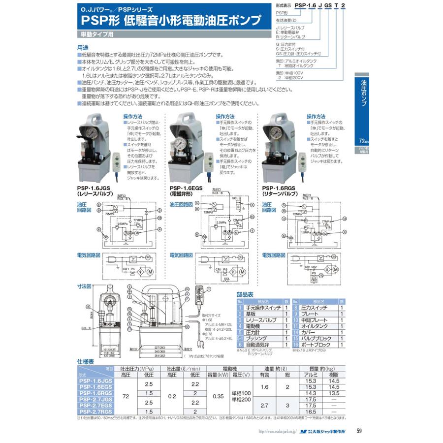 大阪ジャッキ製作所 PSP型 低騒音小型電動油圧ポンプ PSP-1.6ES 単動タイプ用（有効油量