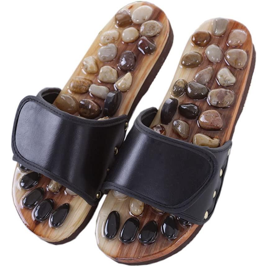足つぼ マッサージ スリッパ 健康 サンダル レザー天然石 ( ブラック,XL 29cm) | 