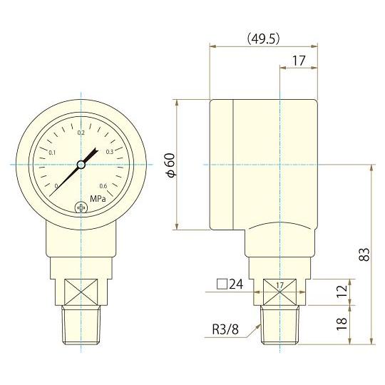 フロン工業 フッソ樹脂ベローズ圧力計 0-1.0MPa R3/8オス F-2189-005 入数：1個_1