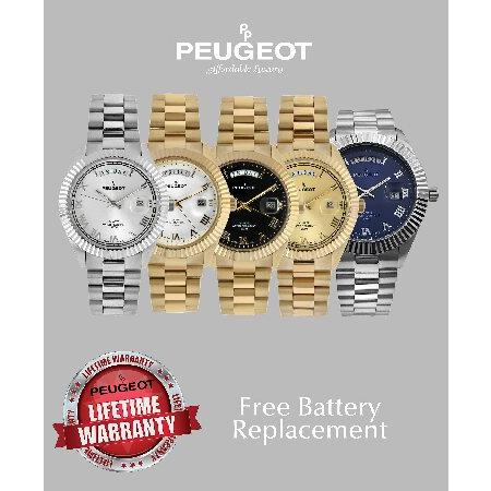 [プジョー] Peugeot 腕時計 Mens 14K All Gold Plated Day Date Roman Numeral Stainless Steel Big White Face Fluted Bezel Luxury Quartz Stainless Steel Stainless Steel