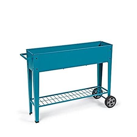 Gardener's Supply Company Modern Blue Steel Mobile Garden Planter Cart Roll