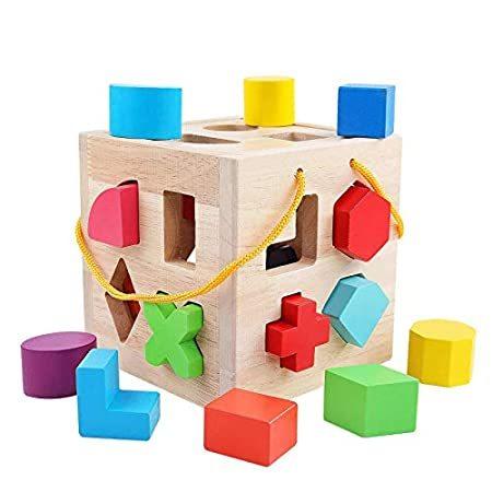 セール特価 QZMTOY 就学前幼児 クラシック木製発達玩具 19個のカラフルな木製幾何学形状ブロックと分類キューブボックス付き ビッグシェイプソーターおもちゃ ブロック
