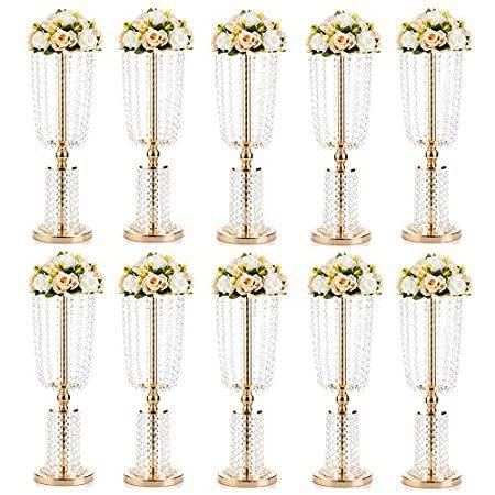 NUPTIO 10 Pcs 23.75 inches Gold Vases for Centerpieces Tall Crystal Metal V