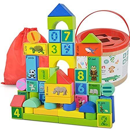 人気満点 Wooden Building Blocks Toys 60 PCS Toddler Stacking Toys Pre-School Learnin ブロック
