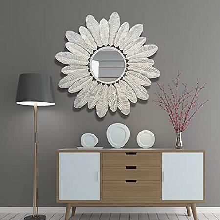 LIGUOYI Baroque Hanging Wall Mirror， 31.5 Inches Round Mirror， Antique White， Vintage Decorative Wall Mirror Hanging Mirror， Leaf Texture， for Bedroom