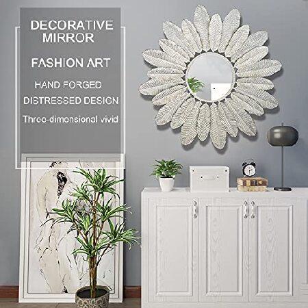 LIGUOYI Baroque Hanging Wall Mirror， 31.5 Inches Round Mirror， Antique White， Vintage Decorative Wall Mirror Hanging Mirror， Leaf Texture， for Bedroom