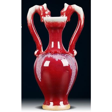 Red Small Ceramic Vase with Double Dragon Handle， Jingdezhen China Handmade Classic Vintage Chinese Porcelain Decorative Vases for Flower Home Decor 