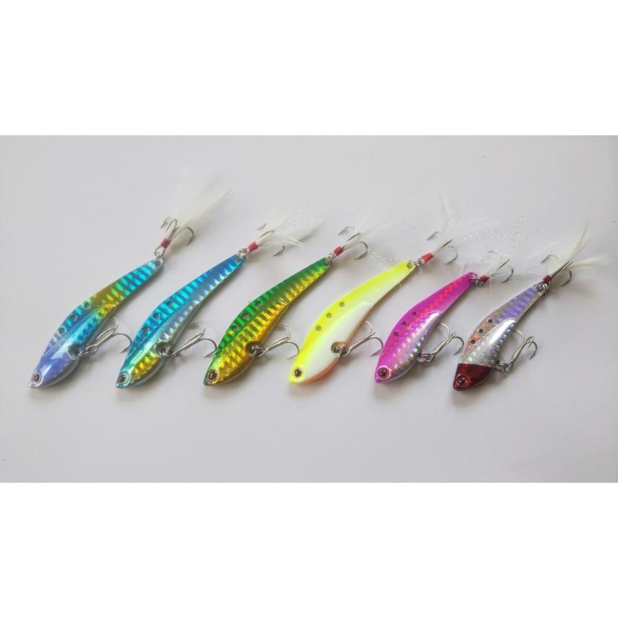 ファクトリーアウトレット 鉄板 フェザー付き g 6色セット 6 5cmと7 5cm 小さめフォルム メタル バイブレーション シーバス 青物 イナダ ヒラメ マゴチ Supplystudies Com