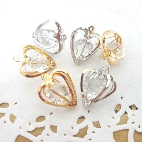 金属チャーム コネクター 中空ハート アクリルダイヤ封じ込め5個セット