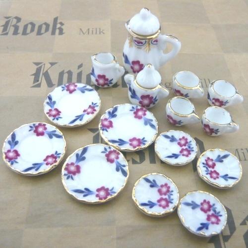 1/12ミニチュア陶器セット フラワー柄ティーセット A3 /メール便対応可