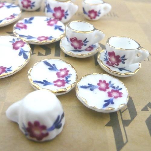 1/12ミニチュア陶器セット フラワー柄ティーセット A3 /メール便対応可