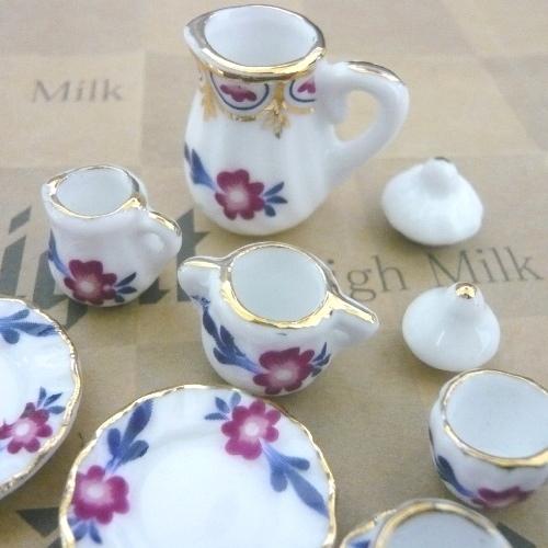 1/12ミニチュア陶器セット フラワー柄ティーセット A3 /メール便対応可